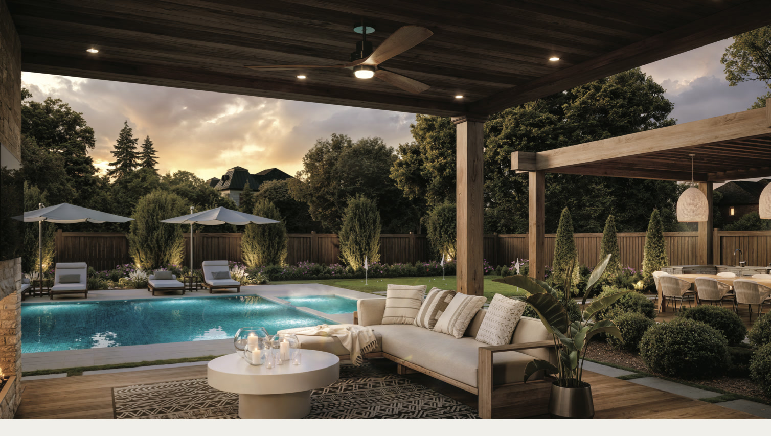 Covered outdoor retreat with pool and lounge