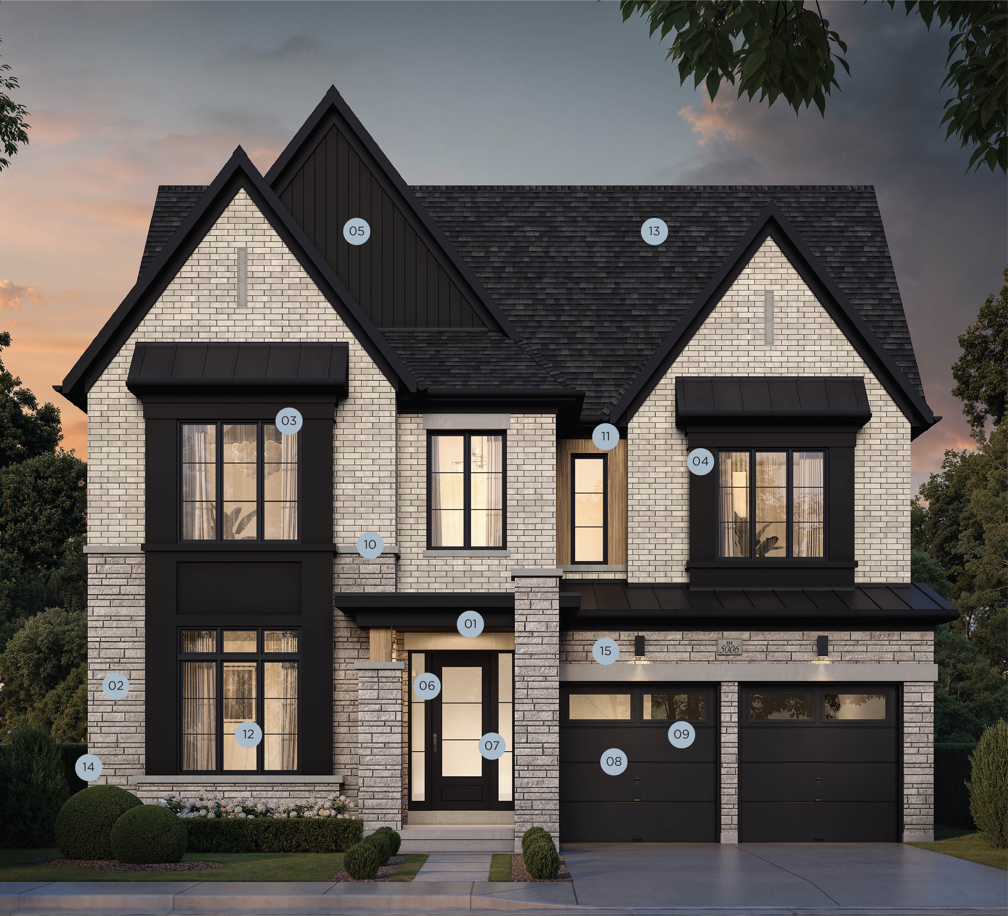 Hallett exterior elevation with feature callouts